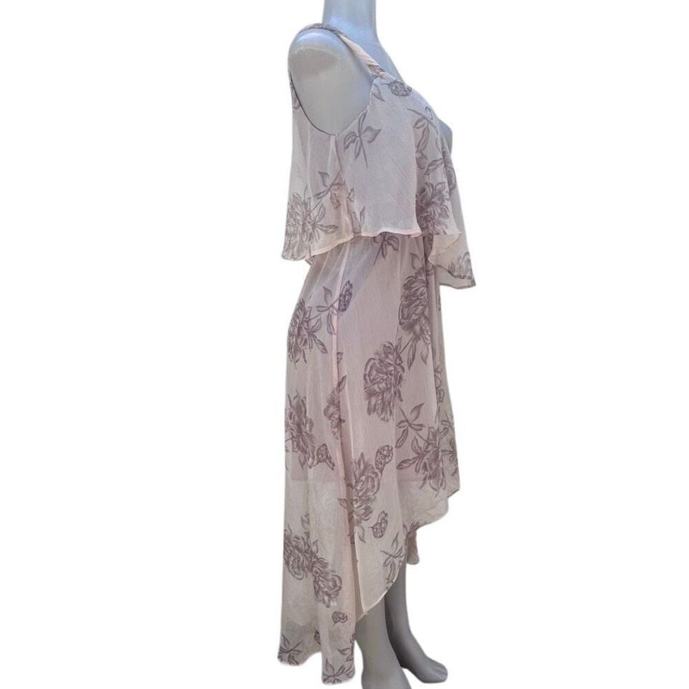 Love21 Popover High Low Dress Women's Medium Pink Taupe Floral Chiffon V-neck - Picture 4 of 14